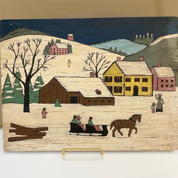 Vintage Folk Art Sleigh Ride Painting on Board 16 x 12 American Snow Horse Farm - Picture 10 of 11